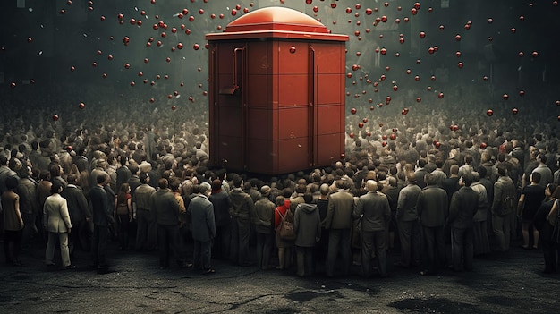 Una folla di persone con una scatola rossa al centro