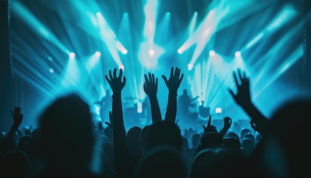 Una folla di persone è a un concerto con le mani alzate in aria da un'immagine generata da AI