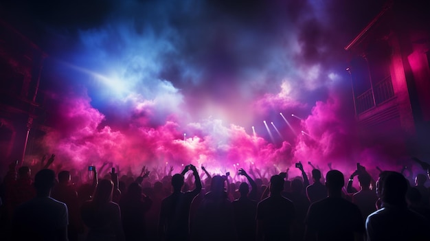 Una folla di persone è in piedi in un club con luci rosa e viola