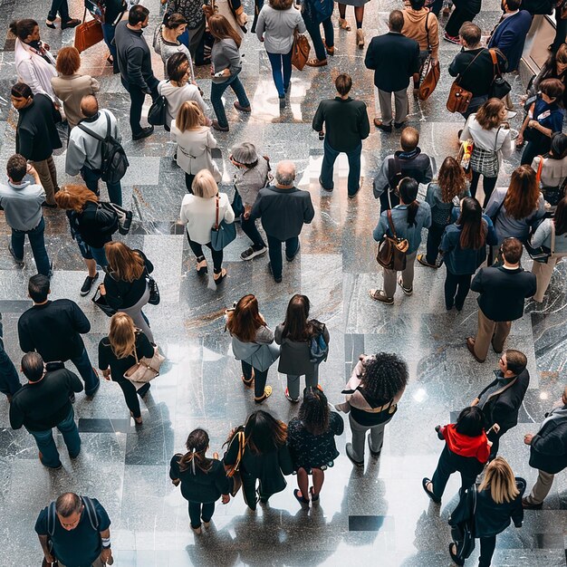 una folla di persone è in piedi in una grande stanza