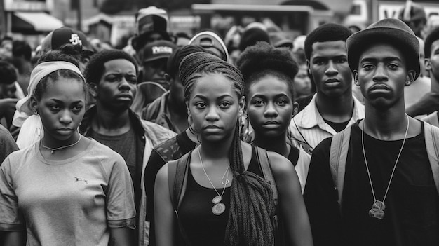 Una folla di persone è raccolta in una foto in bianco e nero.