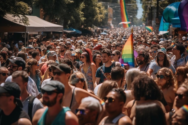 Una folla di persone in parata con una bandiera arcobaleno sullo sfondo.
