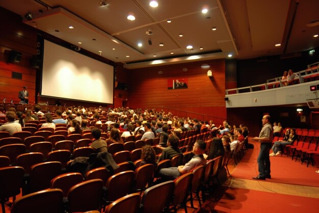 Una folla di persone sedute in una sala conferenze