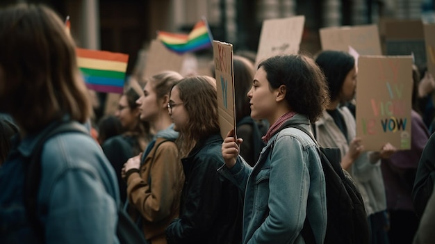 Una folla di persone si è radunata davanti a un cartello con su scritto 'lgbt'