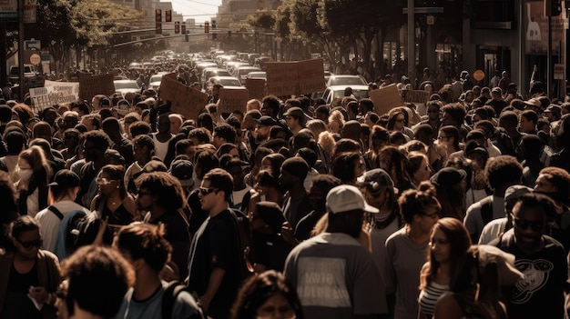 Una folla di persone si è radunata in una strada con cartelli che dicono "basta".