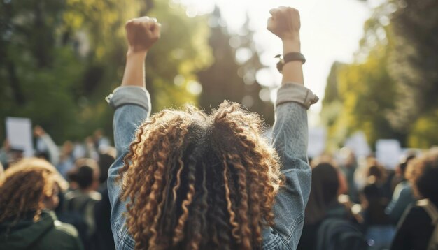 Una folla di persone sta protestando e un uomo sta tenendo il pugno in aria dall'immagine generata da AI