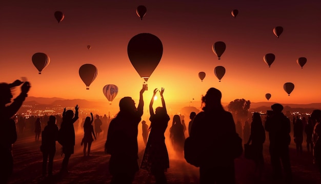 Una folla di persone sta volando in mongolfiera nel cielo.