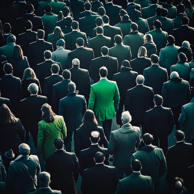 Una folla di persone vestite di nero e solo una persona con l'intelligenza artificiale generativa verde