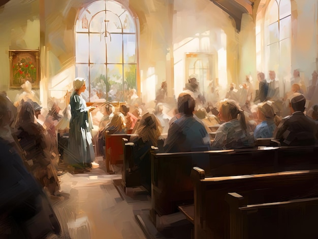una folla in chiesa con persone sedute e che guardano nello stile dei dettagli sfocati