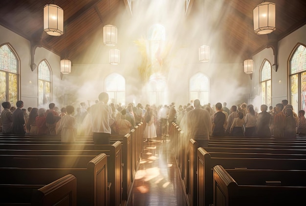 una folla in una chiesa e il pastore sta guidando nello stile di una fotografia angelica