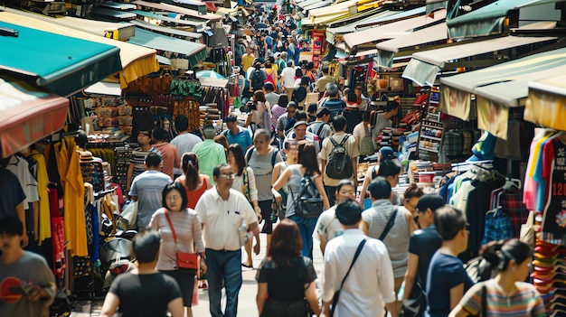 Una folla vivace di persone che cammina attraverso un mercato affollato Le persone sono tutte vestite con abiti casuali e portano borse e zaini