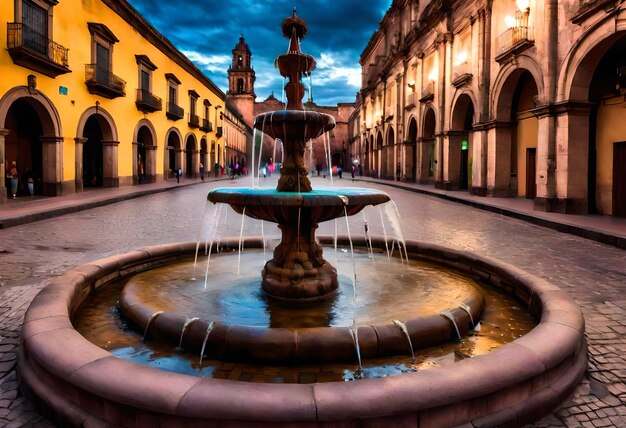 una fontana con acqua che scorre attraverso di essa e un edificio sullo sfondo