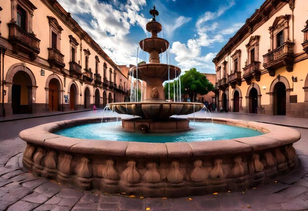 una fontana con una fontana al centro che è acqua