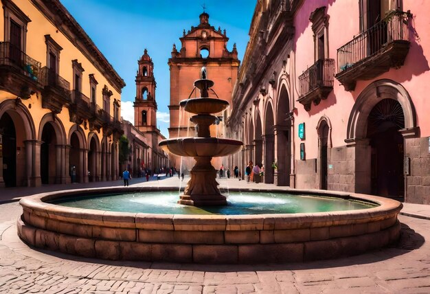 una fontana in una piazza con un edificio sullo sfondo che dice la parola su di esso