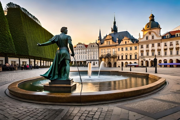una fontana nel centro di una città con una statua di una donna e una spada.