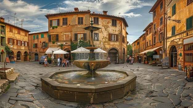 Una fontana nel mezzo di una piazza di ciottoli in una piccola città italiana La fontana è circondata da vecchi edifici con persiane colorate