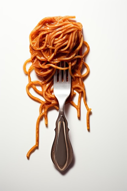 una forchetta con spaghetti isolati su sfondo bianco