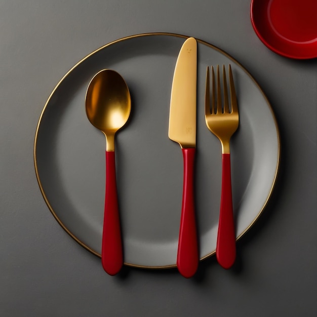 Una forchetta d'oro un cucchiaio e un coltello su un piatto