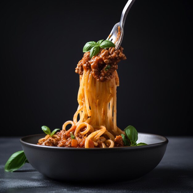 Una forchetta tiene in mano degli spaghetti con sopra la parola bolognese.