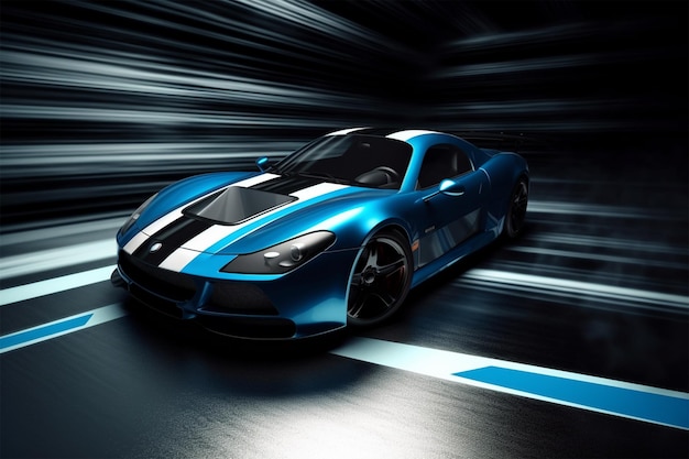 Una Ford GT blu con una striscia bianca sul lato dell'auto.