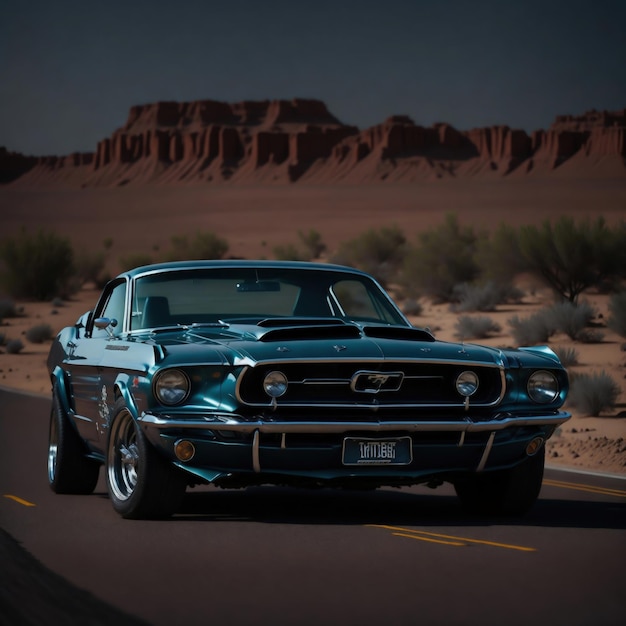 Una Ford Mustang blu con una targa con su scritto "ford".