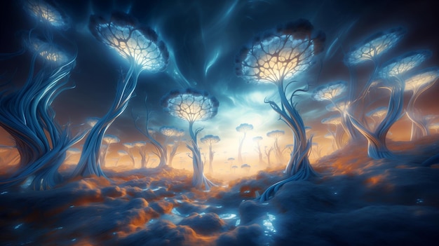 Una foresta aliena da sogno brilla sotto un cielo crepuscolare con colossali funghi bioluminescenti