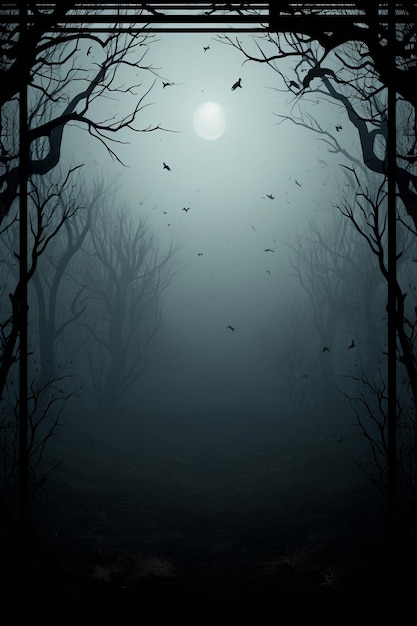 Una foresta buia con alberi e una luna piena sullo sfondo