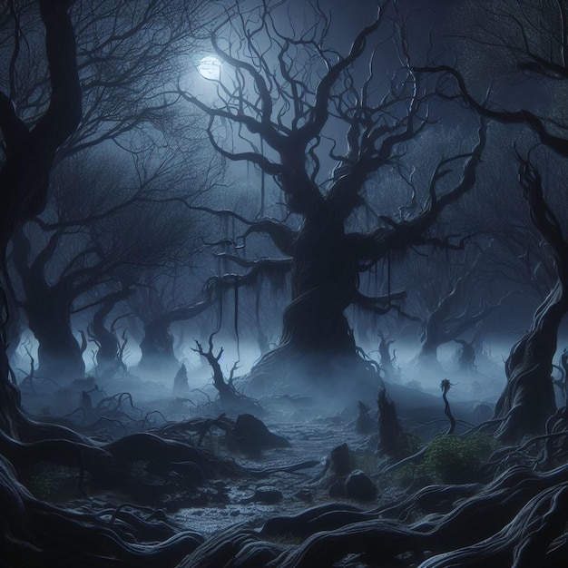 una foresta buia con un albero inquietante al centro