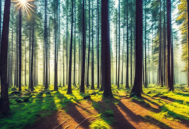 Una foresta con alberi al sole