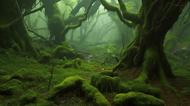 Una foresta con alberi coperti di muschio e rami coperti di muschio