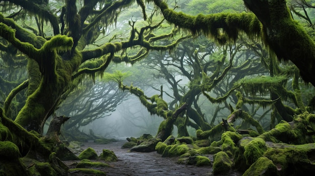 una foresta con alberi coperti di muschio e un sentiero nella nebbia