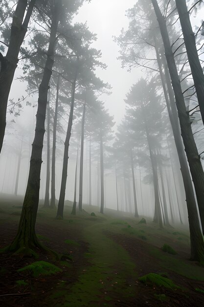 una foresta con alberi e nebbia