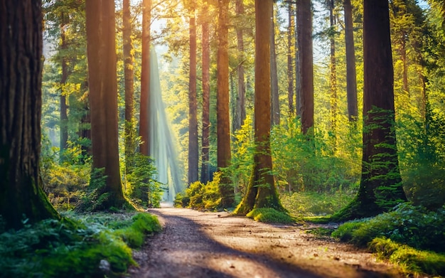 Una foresta con alberi e un sentiero che riporta la parola foresta