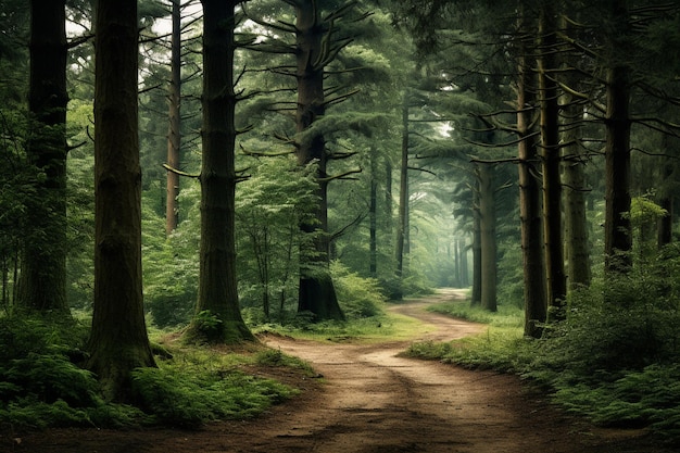 Una foresta con alberi e un sentiero