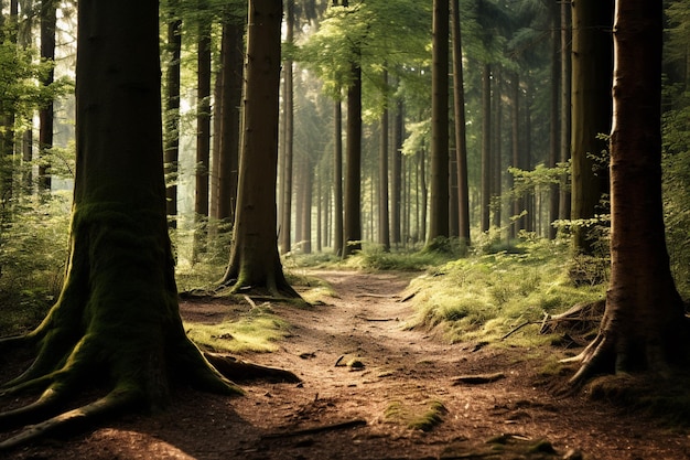 Una foresta con alberi e un sentiero