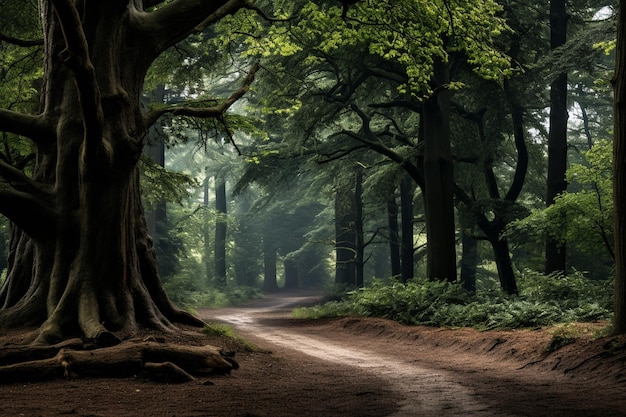 Una foresta con alberi e un sentiero