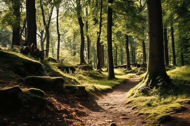 Una foresta con alberi e un sentiero