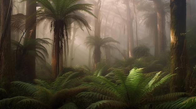 Una foresta con felci e felci