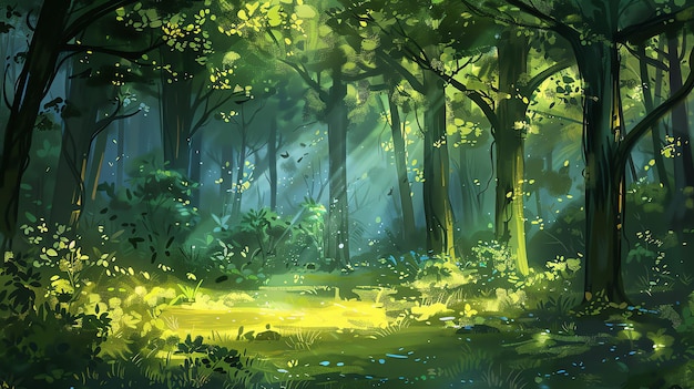 una foresta con fiori gialli e una panchina nel bosco