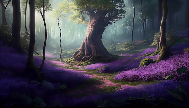 Una foresta con fiori viola e un albero nel mezzo