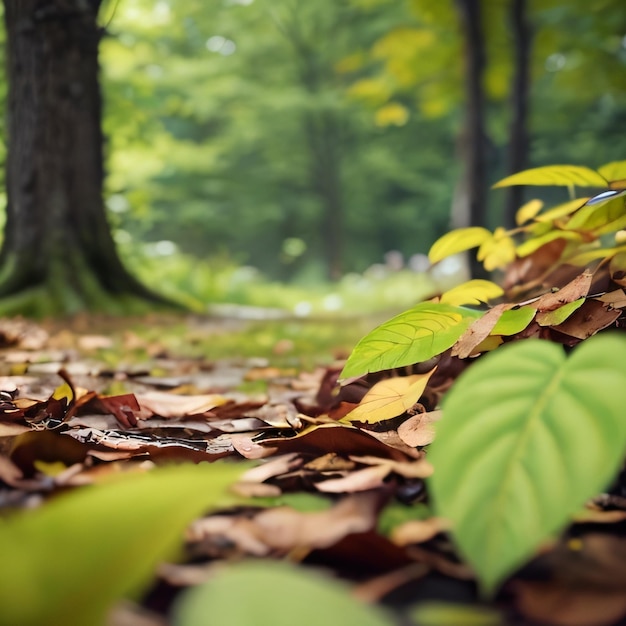 Una foresta con foglie e un albero sullo sfondo