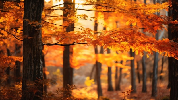 una foresta con foglie gialle e alberi