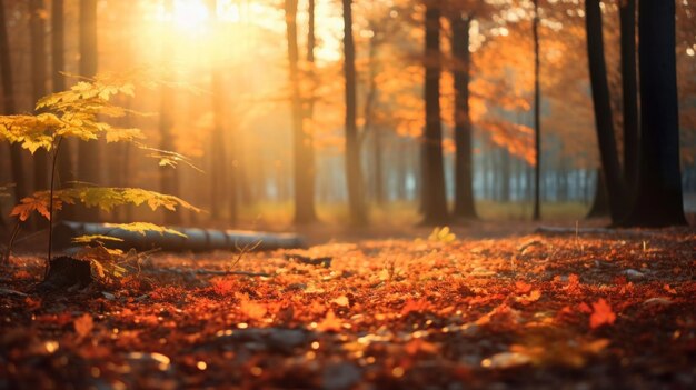 una foresta con foglie gialle e alberi