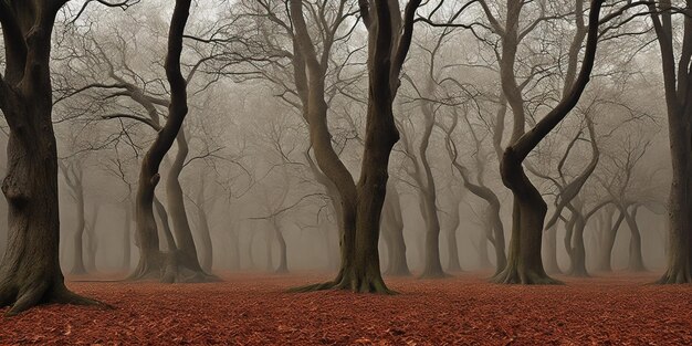 Una foresta con foglie rosse sul terreno