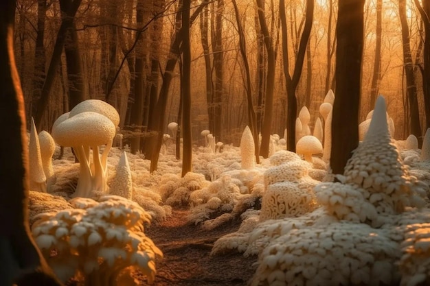 Una foresta con funghi e alberi coperti di muschio alla luce del sole