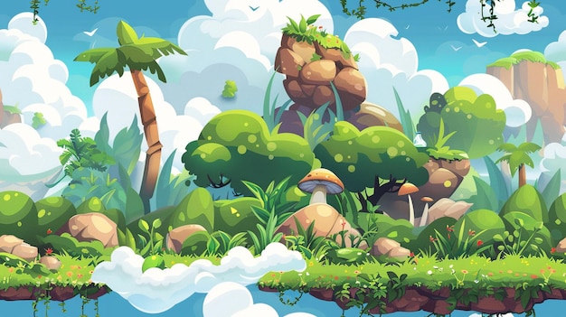una foresta con funghi e alberi in cima
