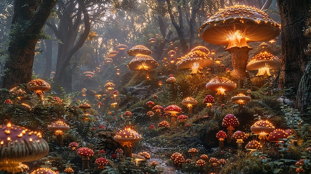 una foresta con funghi e funghi sul fondo