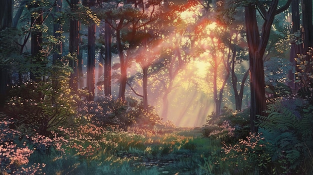 una foresta con il sole che splende attraverso gli alberi
