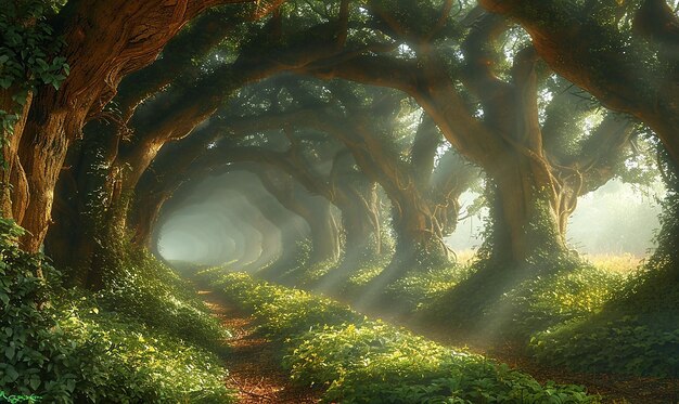 una foresta con il sole che splende attraverso gli alberi