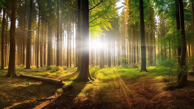 Una foresta con il sole che splende tra gli alberi